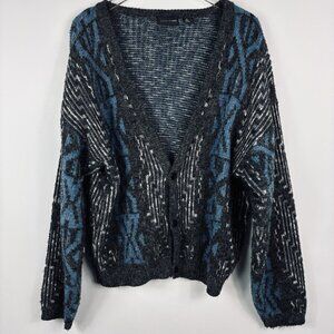 Vintage Mens Grandpa Sweater L Cardigan Blue Geometric Print 80s Oversized Loose